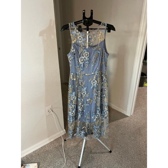 Adrianna Papell Light Blue Embroidered Floral Lace Sheer Midi Dress - Size 12 - Picture 1 of 12